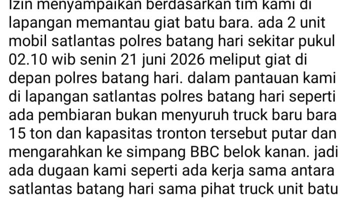 Dugaan Mencuat! Satlantas Batang Hari Diduga Beking Truk Batu Bara, Video Bukti Bertebaran, Jawaban Resmi Diragukan
